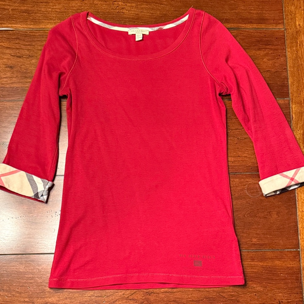 Burberry Red Scoop Neck Shirt with Plaid Cuff